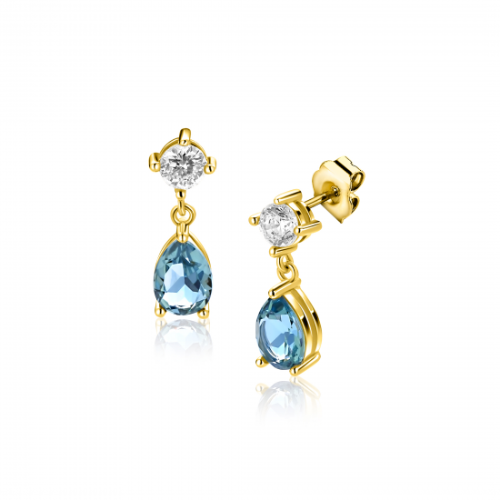 16mm ZINZI gold plated zilveren oorstekers blauwe peer en wit ronde zetting ZIO2744 - 65757