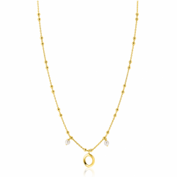 ZINZI gold plated zilveren fantasie ketting met kleine bolletjes, twee bungelende witte pareltjes en organische open vorm in het midden 42-45cm ZIC2405 - 66387