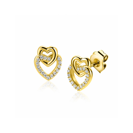 10mm ZINZI gold plated zilveren oorknoppen 2 open hartjes met elkaar verbonden, waarvan 1 hartje bezet met witte zirconia's ZIO2493Y - 66123