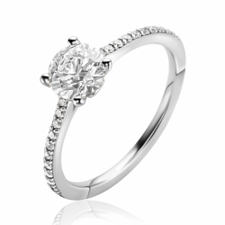 ZINZI zilveren ring met een grote ronde witte zirkonia (6,5mm) in vierpootszetting en klein hartje aan de zijkant ZIR2696 - 65892