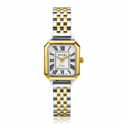 ZINZI Vintage horloge 24mm achthoekige geelgoudkleurige kast, witte wijzerplaat, bicolor stalen band en Japans uurwerk ZIW2607 - 65997