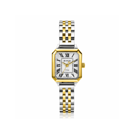 ZINZI Vintage horloge 24mm achthoekige geelgoudkleurige kast, witte wijzerplaat, bicolor stalen band en Japans uurwerk ZIW2607 - 65997