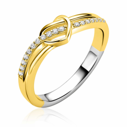 ZINZI gold plated zilveren cross-over ring met een opengewerkt sierlijk hart waarbij een rij witte zirkoniaâ?Ts vloeiend door de scheen en hart loopt ZIR2874Y - 66235